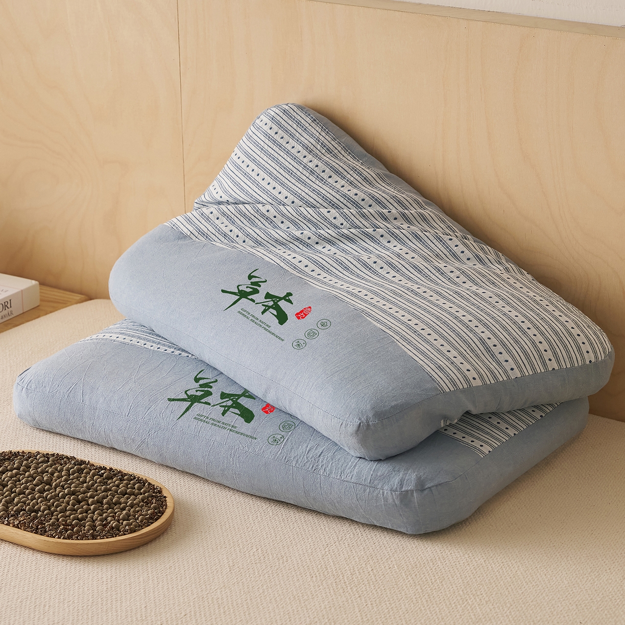 91家纺网 家纺一手货源 找家纺 乐可 2026新款彩条双拼枕荞麦枕香丸枕枕头枕芯 彩条双拼枕-香丸款-蓝