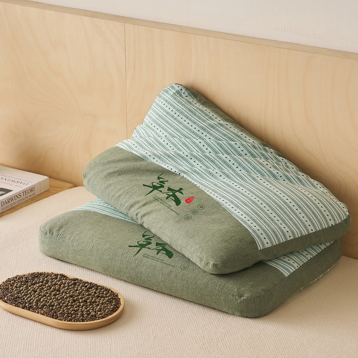 91家纺网 家纺一手货源 找家纺 乐可 2026新款彩条双拼枕荞麦枕香丸枕枕头枕芯 彩条双拼枕-荞麦款-绿