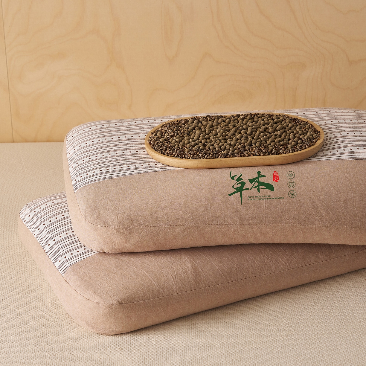 91家纺网 家纺一手货源 找家纺 乐可 2026新款彩条双拼枕荞麦枕香丸枕枕头枕芯 彩条双拼枕-香丸款-棕