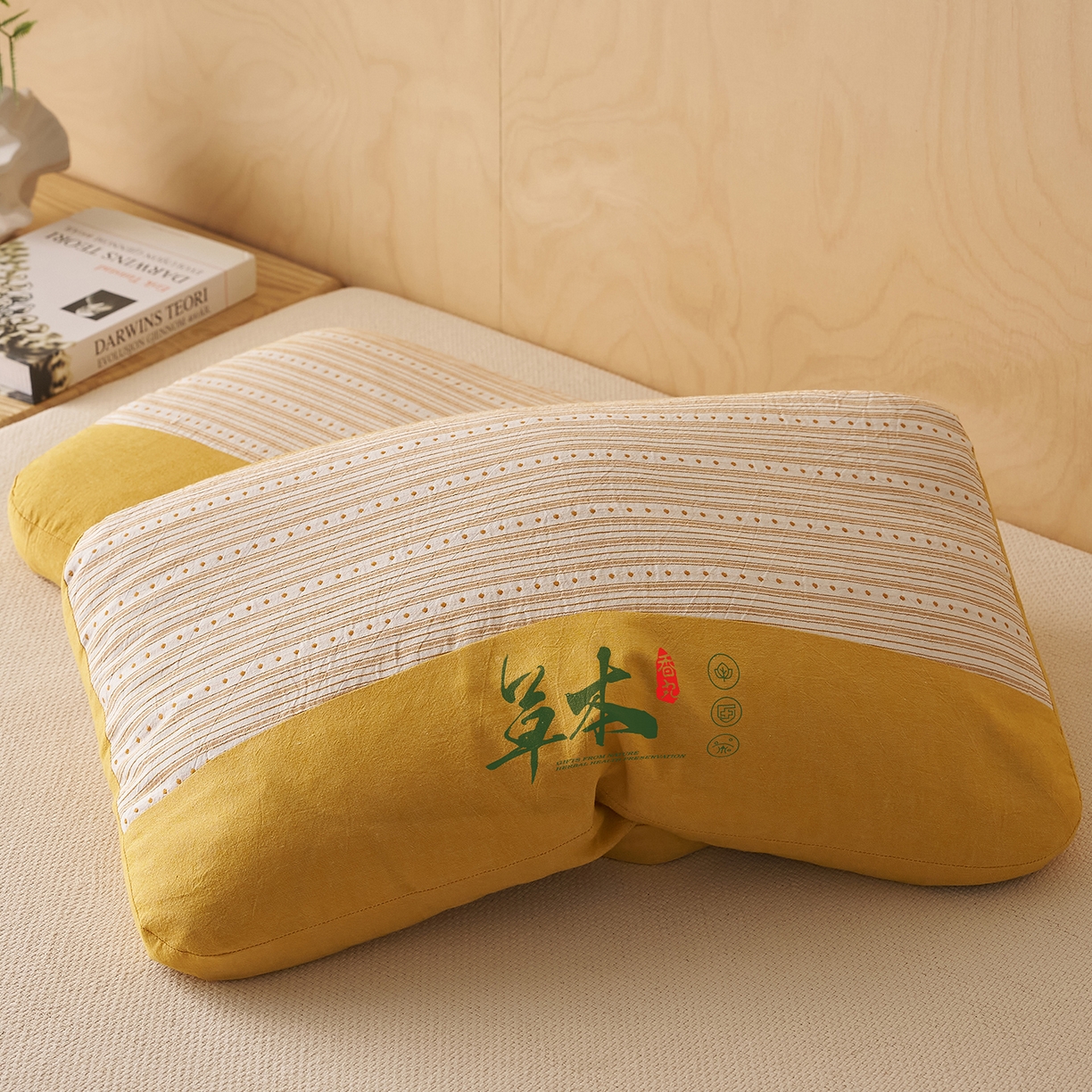 91家纺网 家纺一手货源 找家纺 乐可 2026新款彩条双拼枕荞麦枕香丸枕枕头枕芯 彩条双拼枕-香丸款-黄