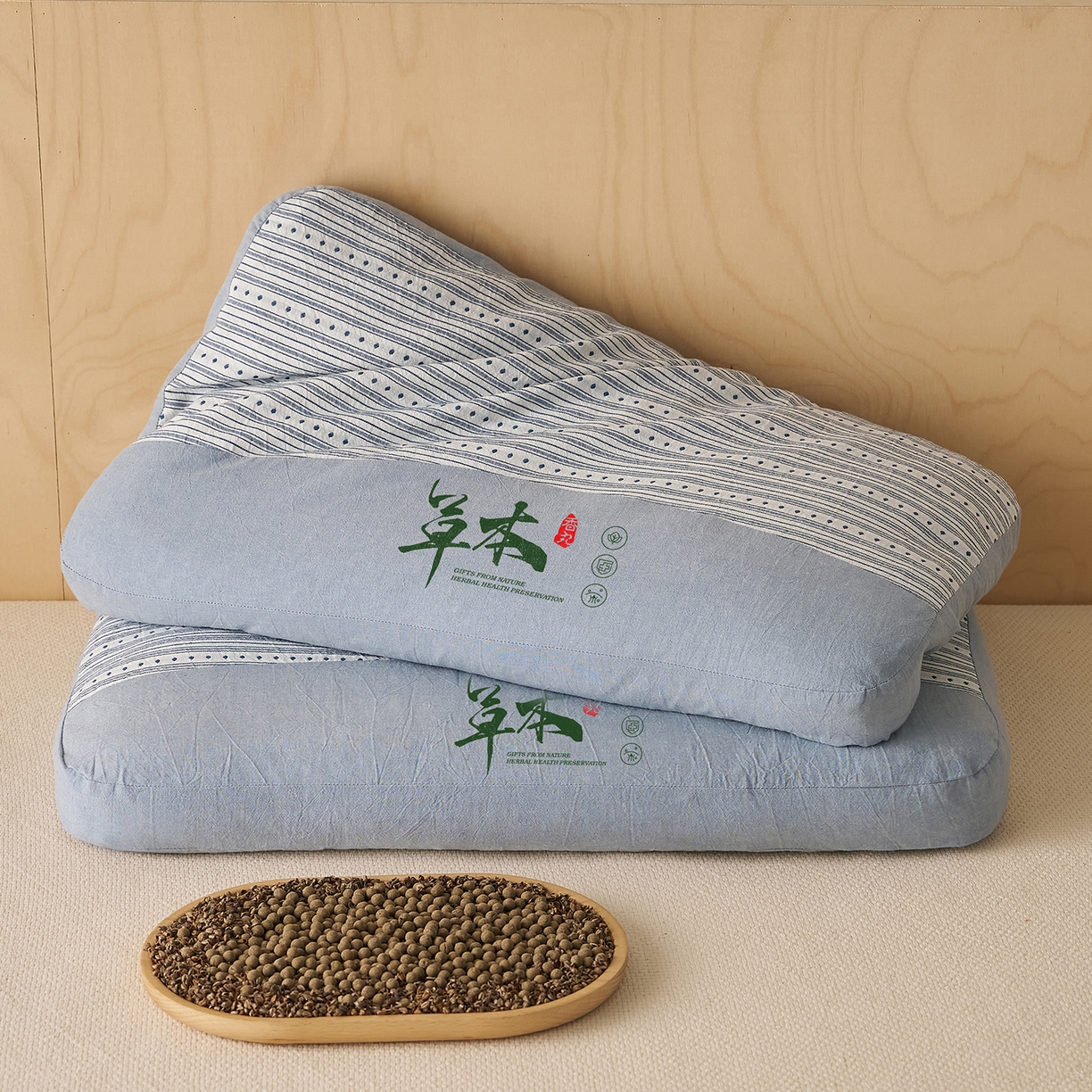 91家纺网 家纺一手货源 找家纺 乐可 2026新款彩条双拼枕荞麦枕香丸枕枕头枕芯 彩条双拼枕-香丸款-蓝