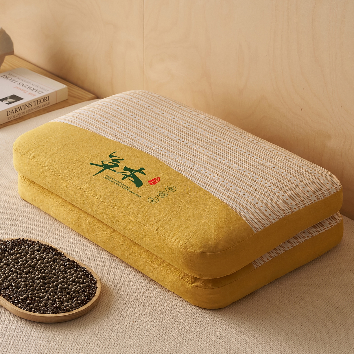 91家纺网 家纺一手货源 找家纺 乐可 2026新款彩条双拼枕荞麦枕香丸枕枕头枕芯 彩条双拼枕-香丸款-黄