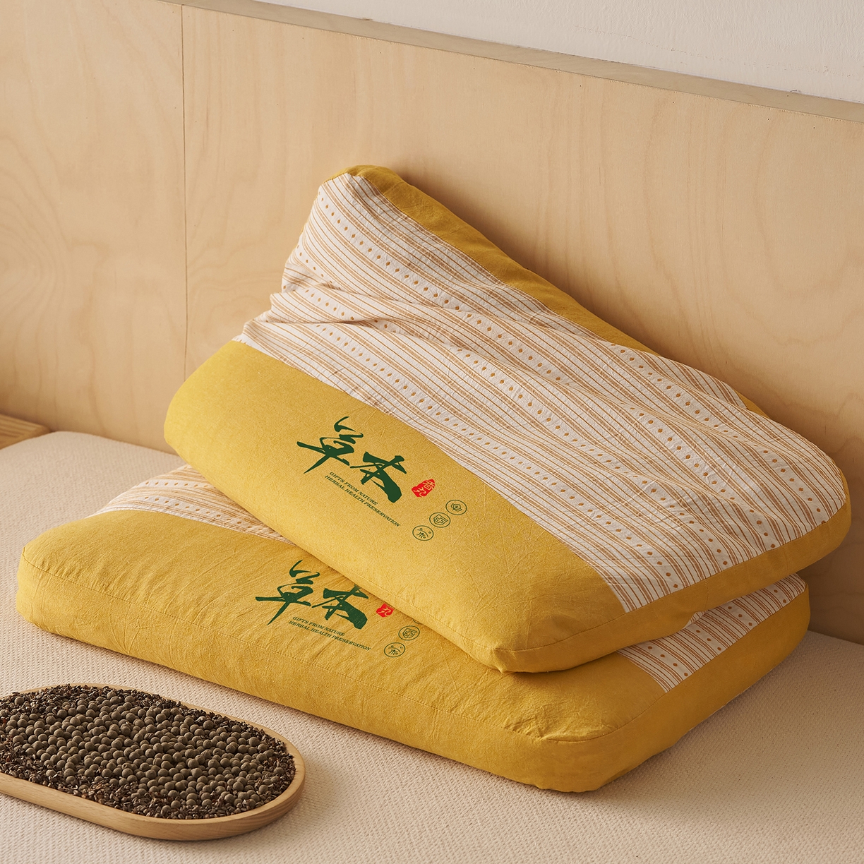 91家纺网 家纺一手货源 找家纺 乐可 2026新款彩条双拼枕荞麦枕香丸枕枕头枕芯 彩条双拼枕-荞麦款-黄