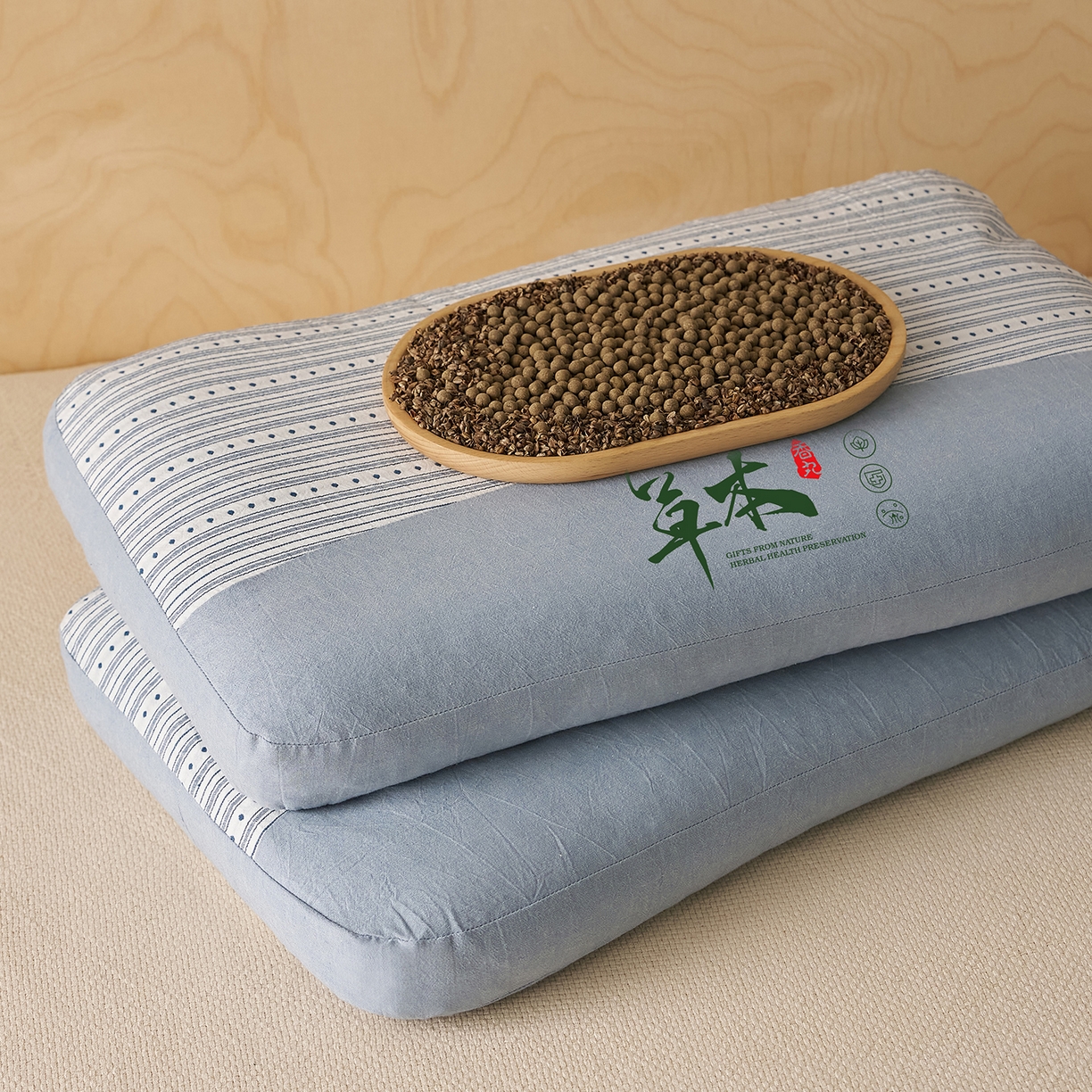 91家纺网 家纺一手货源 找家纺 乐可 2026新款彩条双拼枕荞麦枕香丸枕枕头枕芯 彩条双拼枕-香丸款-蓝