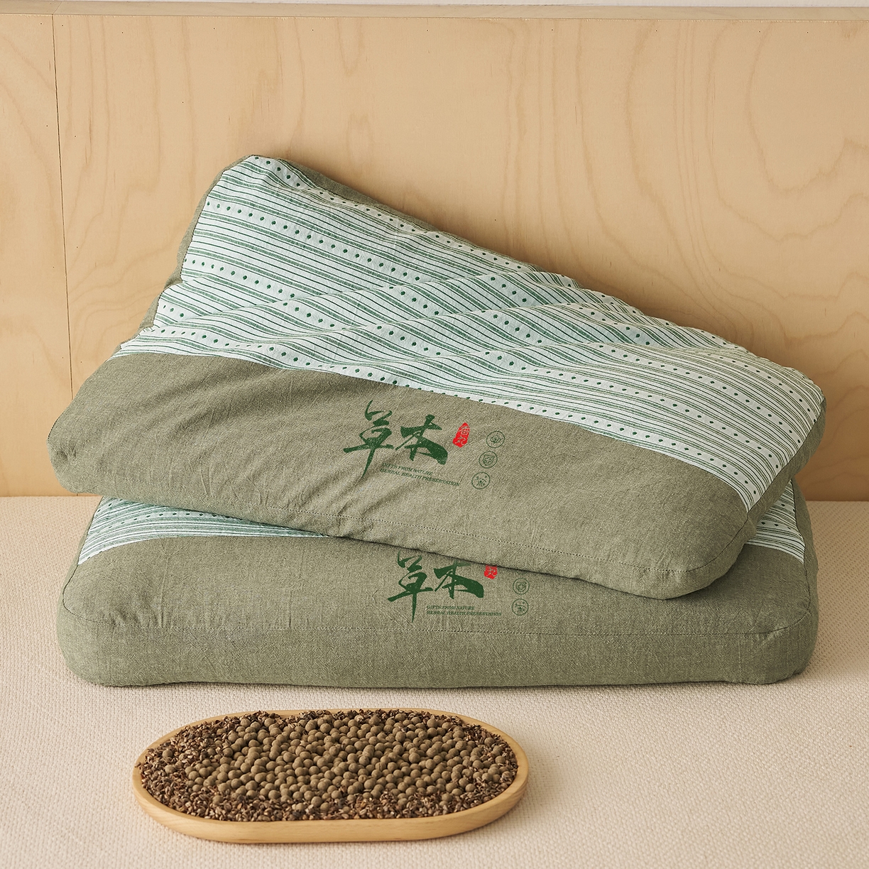 91家纺网 家纺一手货源 找家纺 乐可 2026新款彩条双拼枕荞麦枕香丸枕枕头枕芯 彩条双拼枕-香丸款-绿