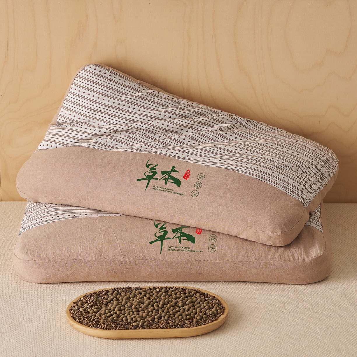 91家纺网 家纺一手货源 找家纺 乐可 2026新款彩条双拼枕荞麦枕香丸枕枕头枕芯 彩条双拼枕-荞麦款-棕