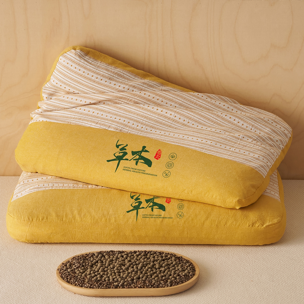 91家纺网 家纺一手货源 找家纺 乐可 2026新款彩条双拼枕荞麦枕香丸枕枕头枕芯 彩条双拼枕-香丸款-黄