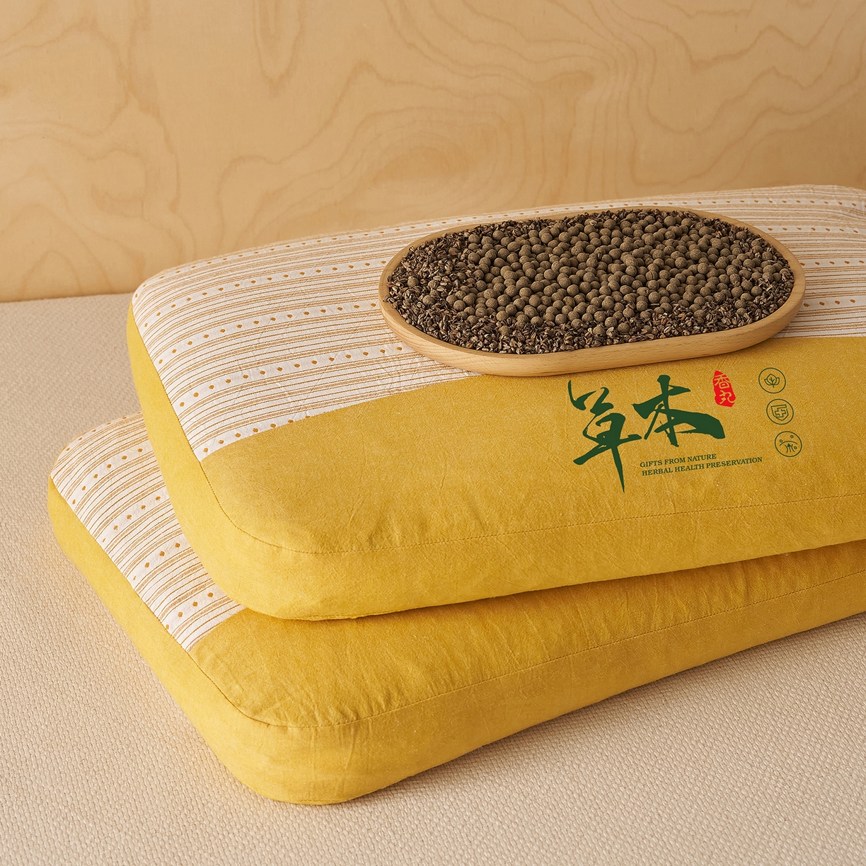 91家纺网 家纺一手货源 找家纺 乐可 2026新款彩条双拼枕荞麦枕香丸枕枕头枕芯 彩条双拼枕-香丸款-黄