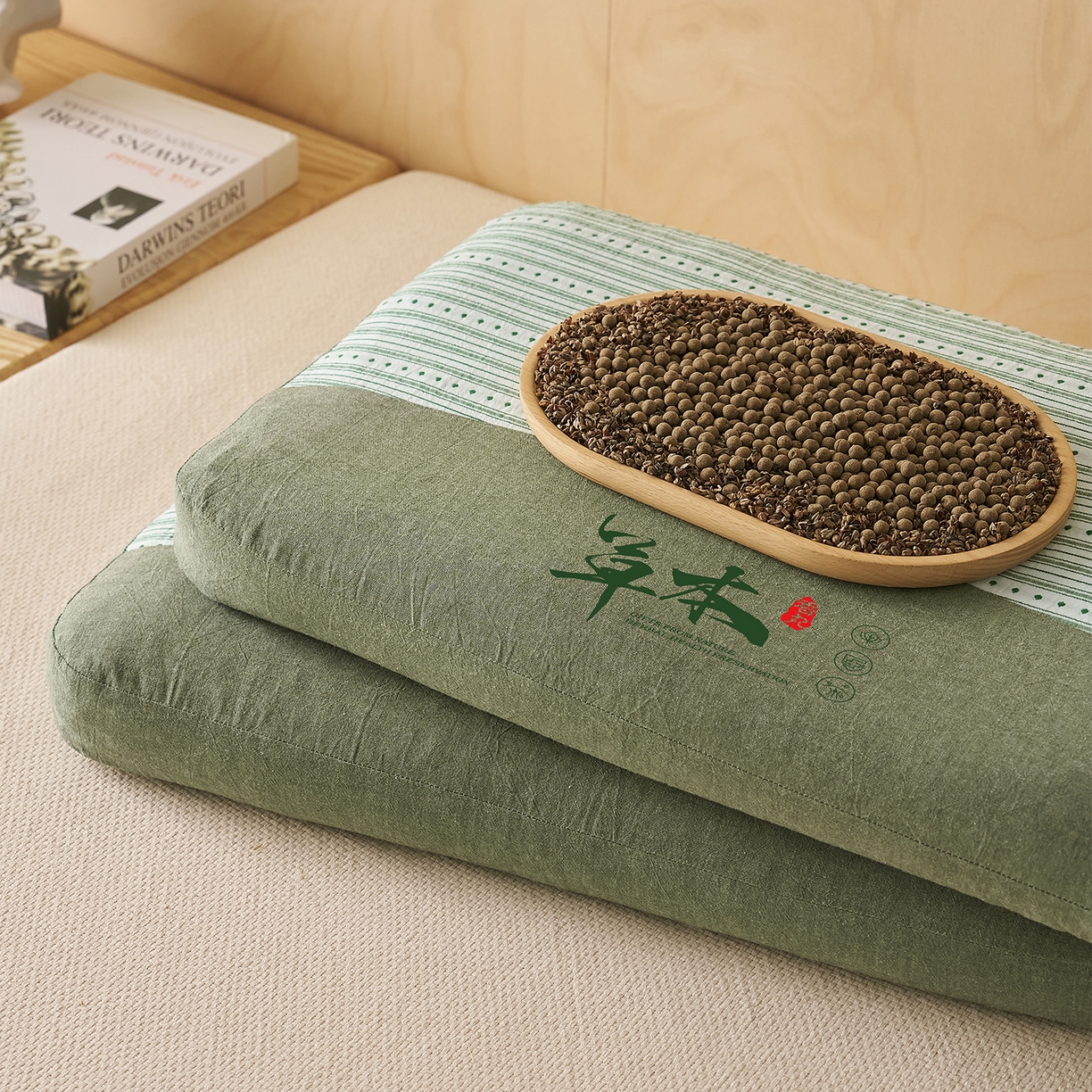 91家纺网 家纺一手货源 找家纺 乐可 2026新款彩条双拼枕荞麦枕香丸枕枕头枕芯 彩条双拼枕-荞麦款-绿