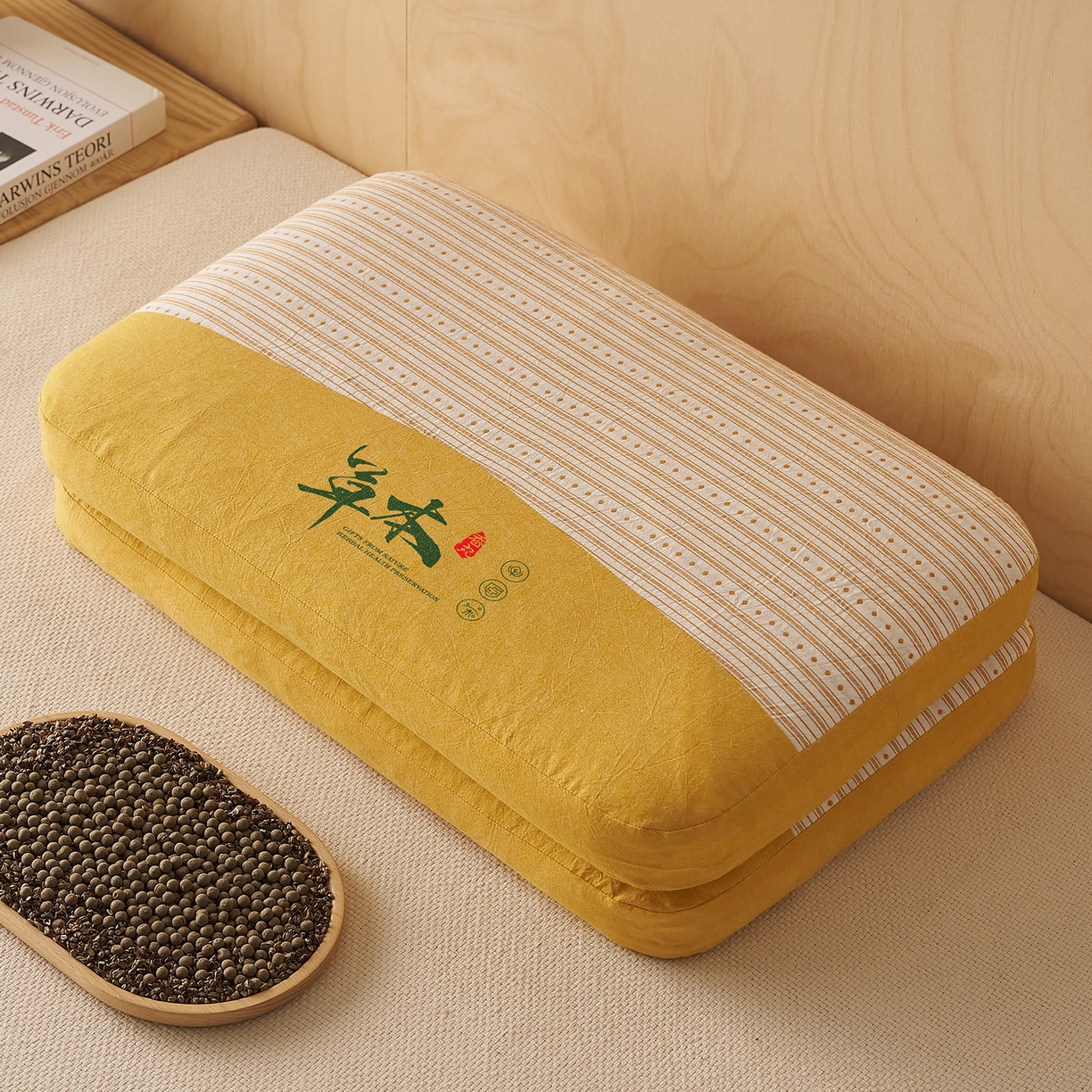 91家纺网 家纺一手货源 找家纺 乐可 2026新款彩条双拼枕荞麦枕香丸枕枕头枕芯 彩条双拼枕-荞麦款-黄