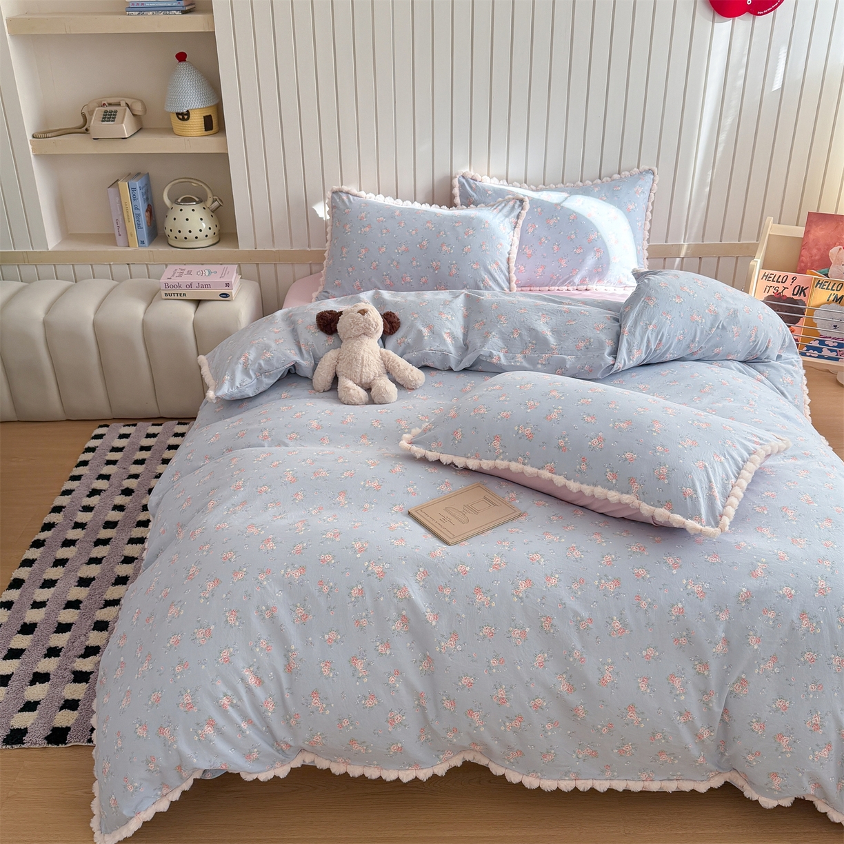 91家纺网 家纺一手货源 找家纺 （总）吾欢心 2026春夏新款古法水洗仿棉毛球花边款四件套