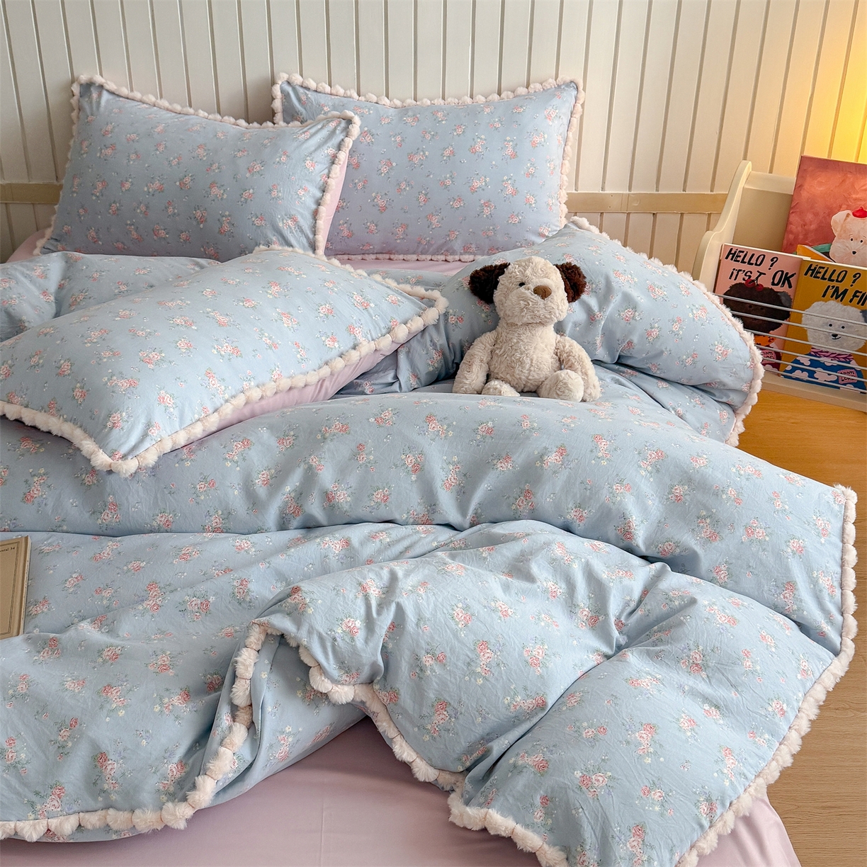 91家纺网 家纺一手货源 找家纺 （总）吾欢心 2026春夏新款古法水洗仿棉毛球花边款四件套