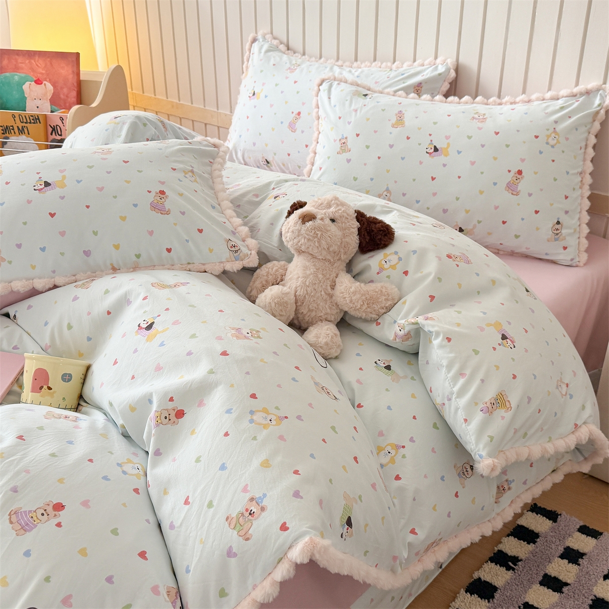 吾欢心 2026春夏新款古法水洗仿棉毛球花边款四件套 甜心宝贝