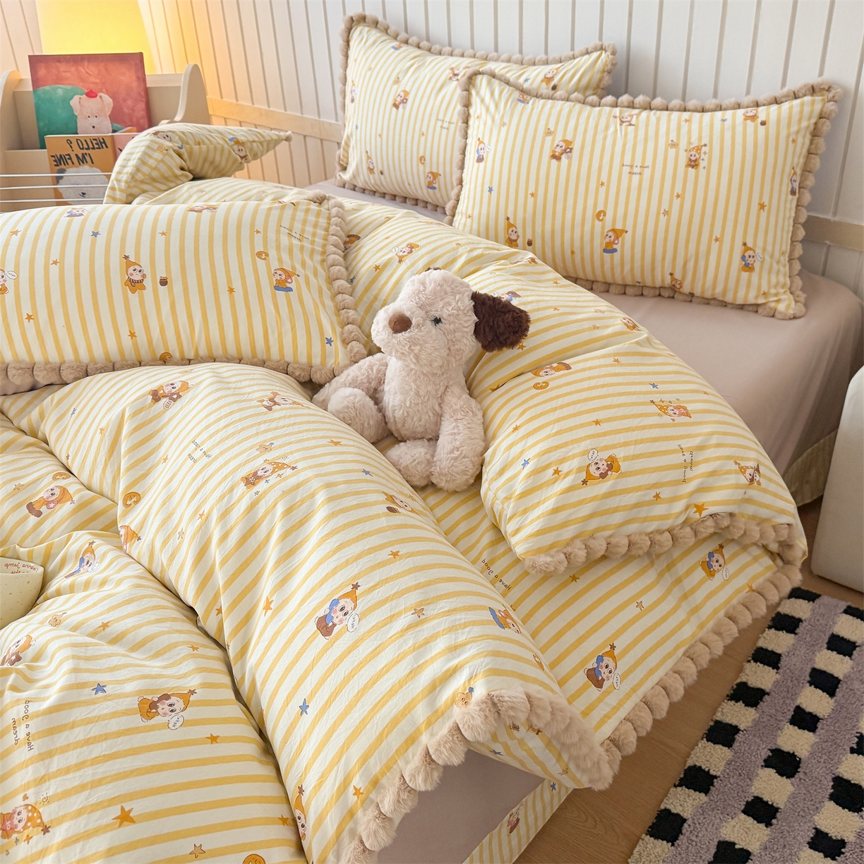 91家纺网 家纺一手货源 找家纺 （总）吾欢心 2026春夏新款古法水洗仿棉毛球花边款四件套