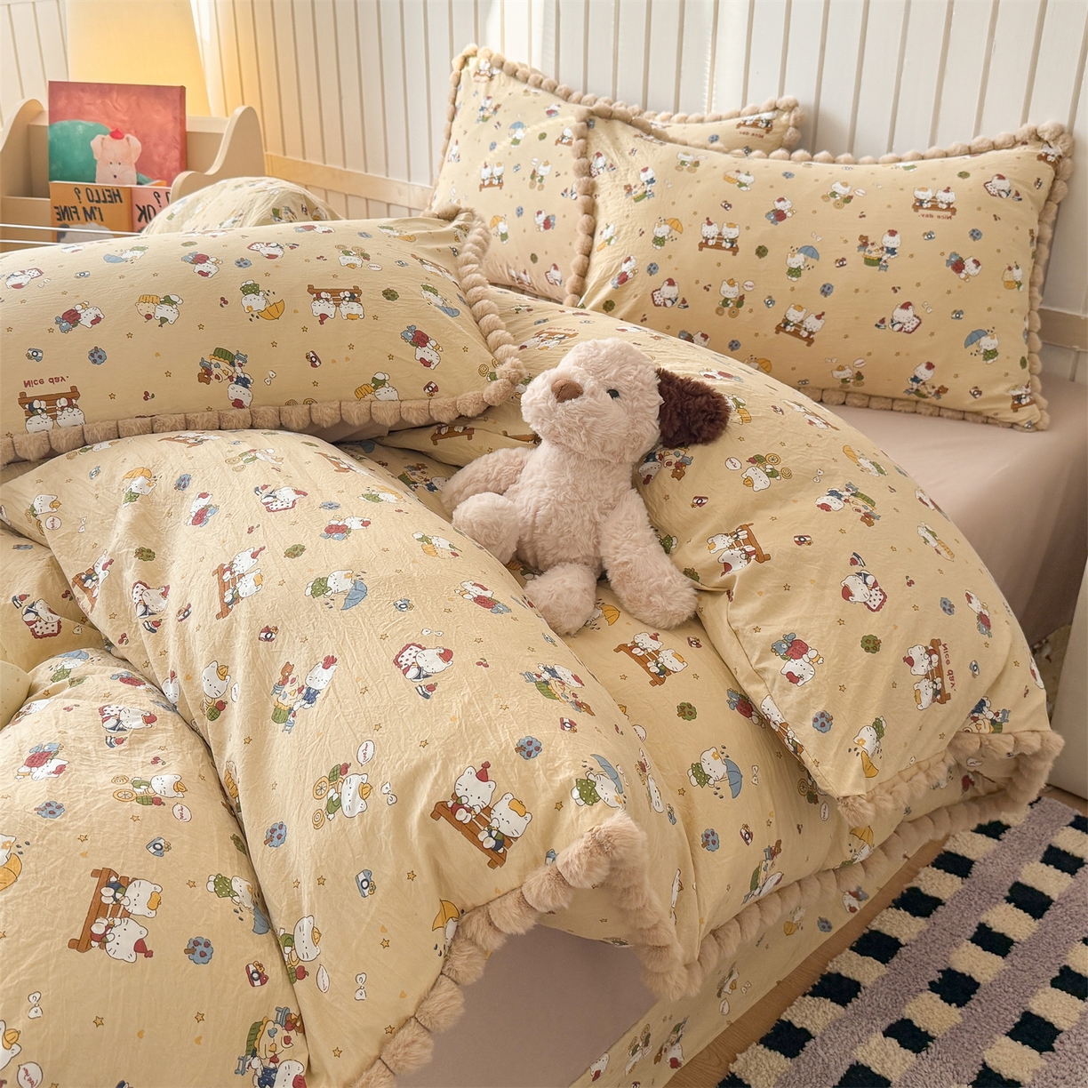 91家纺网 家纺一手货源 找家纺 （总）吾欢心 2026春夏新款古法水洗仿棉毛球花边款四件套