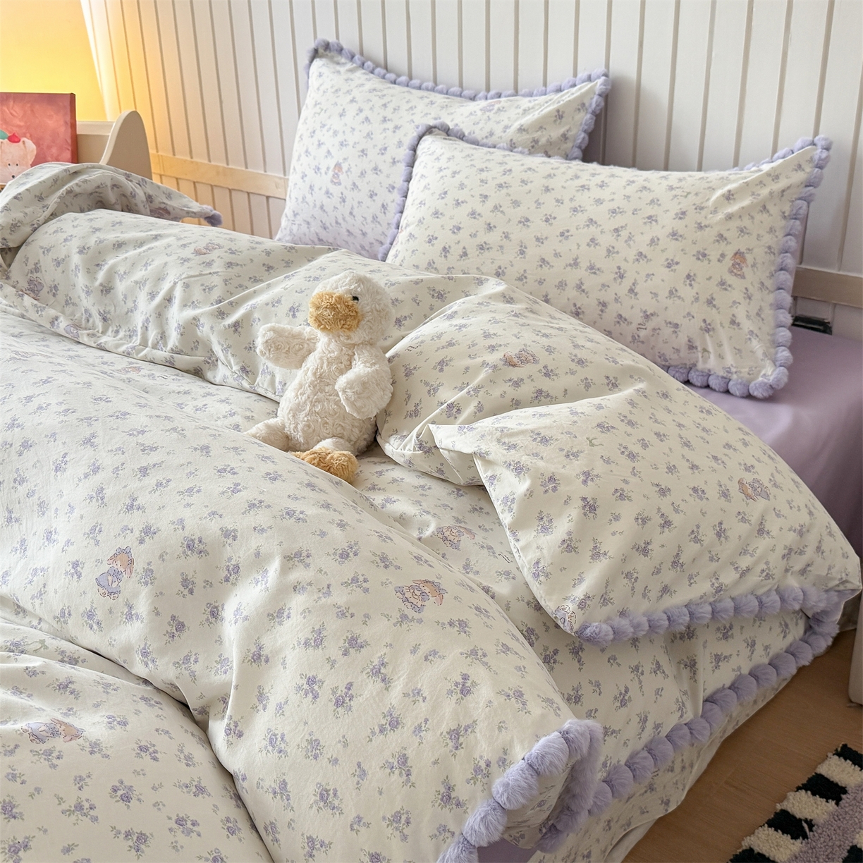 吾欢心 2026春夏新款古法水洗仿棉毛球花边款四件套 丛林小兔