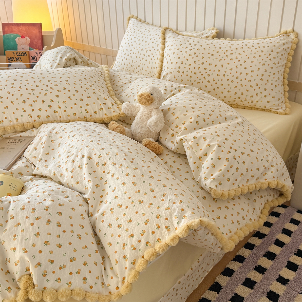 吾欢心 2026春夏新款古法水洗仿棉毛球花边款四件套 小橘子