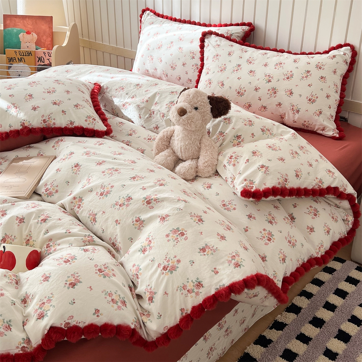 吾欢心 2026春夏新款古法水洗仿棉毛球花边款四件套 花颜悦色