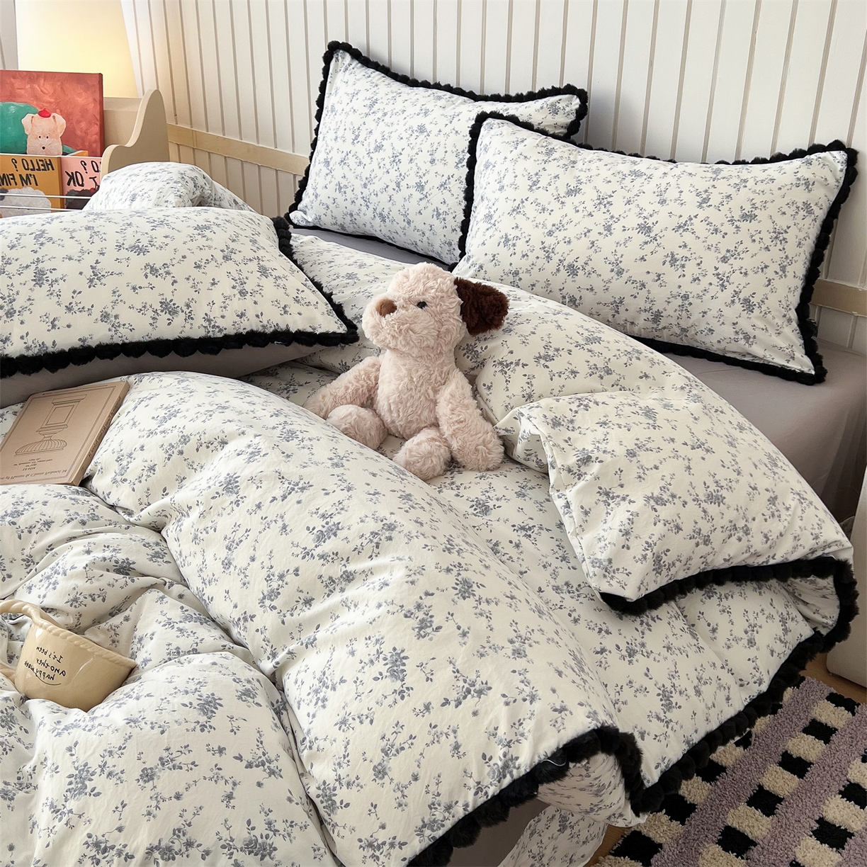 吾欢心 2026春夏新款古法水洗仿棉毛球花边款四件套 茶野