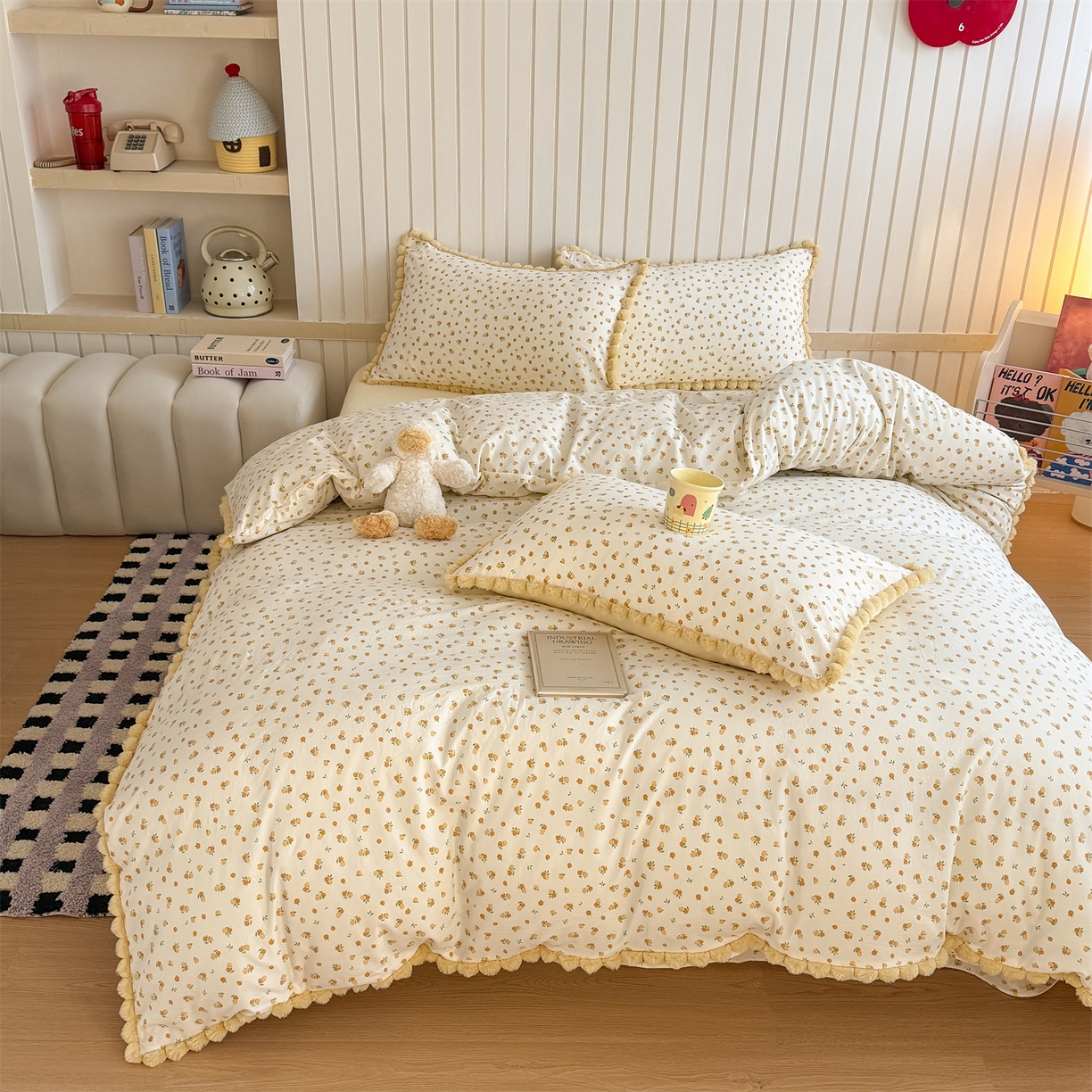 91家纺网 家纺一手货源 找家纺 吾欢心 2026春夏新款古法水洗仿棉毛球花边款四件套 小橘子