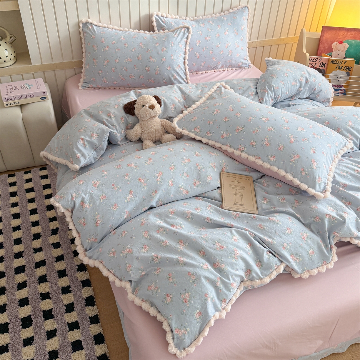 91家纺网 家纺一手货源 找家纺 （总）吾欢心 2026春夏新款古法水洗仿棉毛球花边款四件套