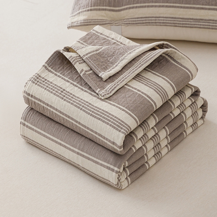 悦然毛巾被 2026新款条纹全棉纯棉色织三层纱毛巾被休闲盖毯毯子 闲夏灰