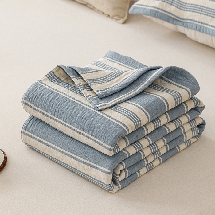 悦然毛巾被 2026新款条纹全棉纯棉色织三层纱毛巾被休闲盖毯毯子 闲夏蓝