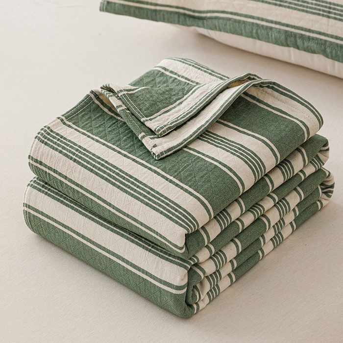 悦然毛巾被 2026新款条纹全棉纯棉色织三层纱毛巾被休闲盖毯毯子 闲夏绿