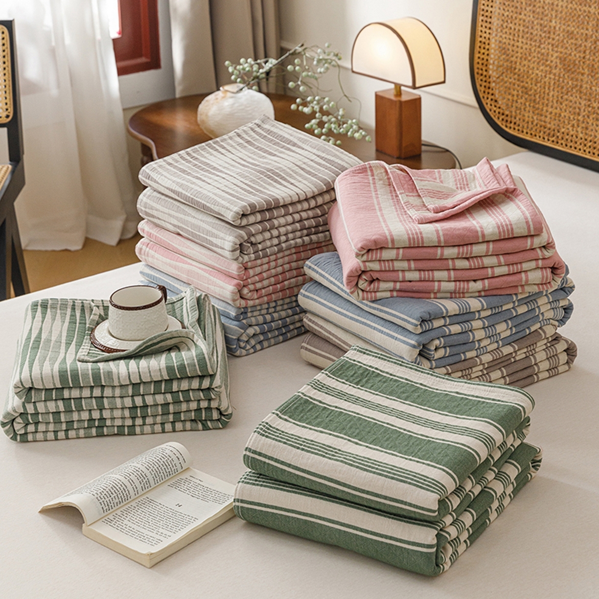 91家纺网 家纺一手货源 找家纺 （总）悦然毛巾被 2026新款条纹全棉纯棉色织三层纱毛巾被休闲盖毯毯子