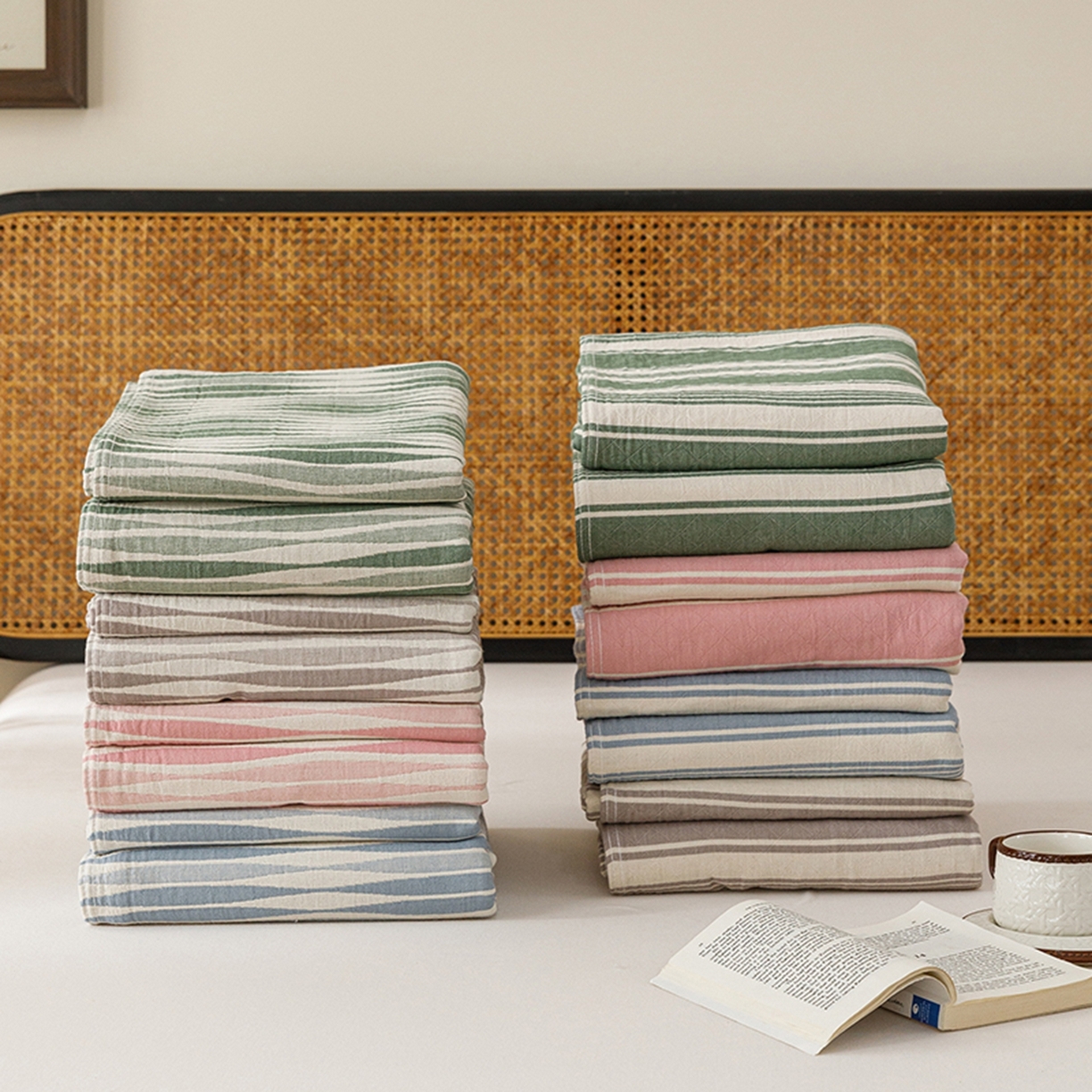 91家纺网 家纺一手货源 找家纺 悦然毛巾被 2026新款条纹全棉纯棉色织三层纱毛巾被休闲盖毯毯子 组合图仅供展示不可下单