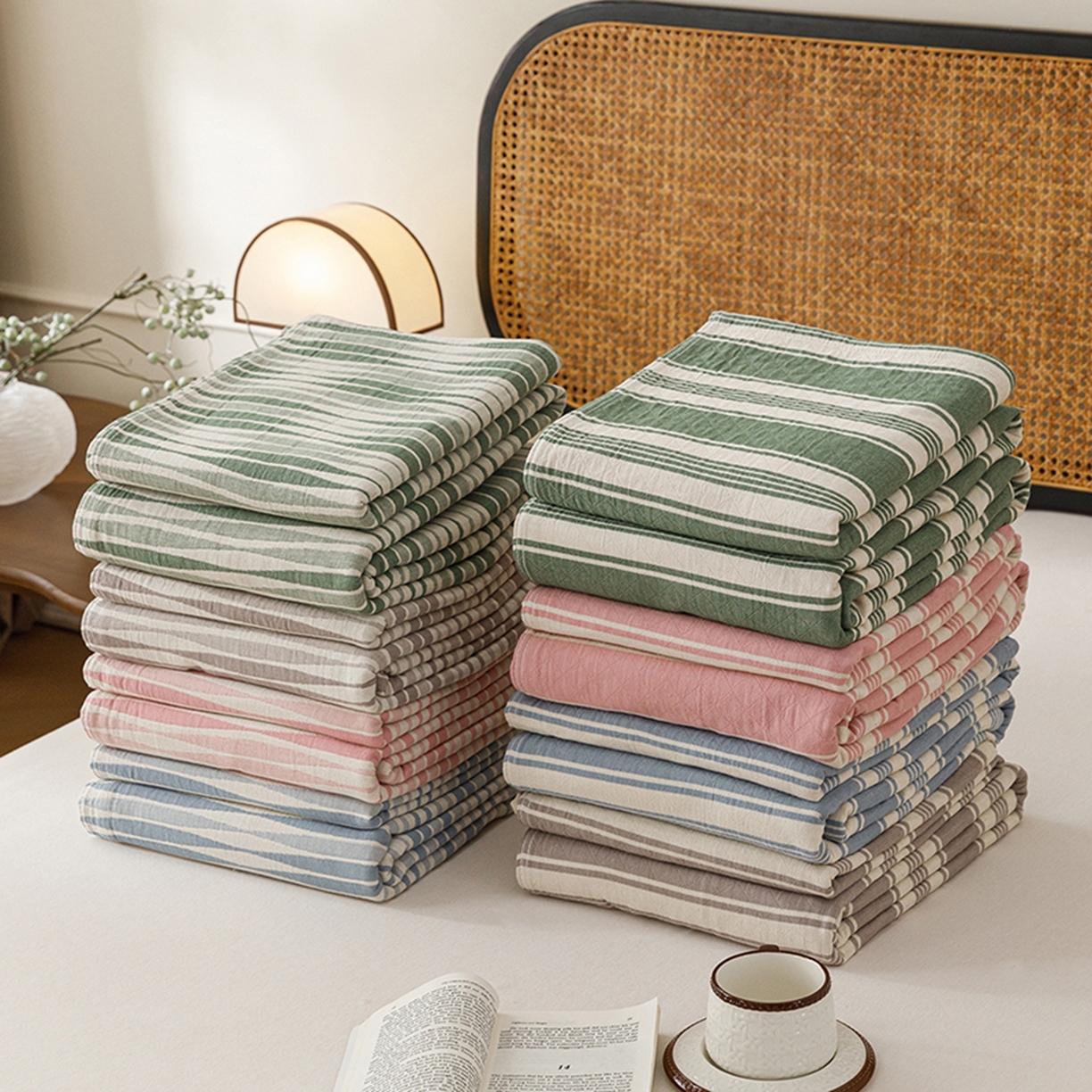 91家纺网 家纺一手货源 找家纺 悦然毛巾被 2026新款条纹全棉纯棉色织三层纱毛巾被休闲盖毯毯子 组合图仅供展示不可下单