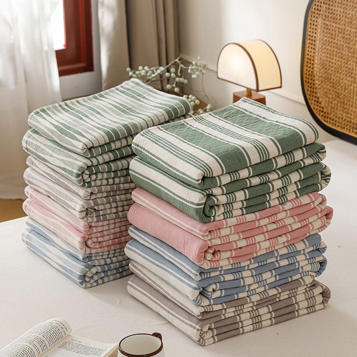 91家纺网 家纺一手货源 找家纺 悦然毛巾被 2026新款条纹全棉纯棉色织三层纱毛巾被休闲盖毯毯子 组合图仅供展示不可下单