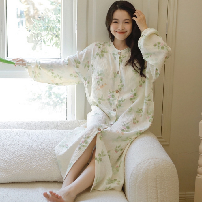 91家纺网 家纺一手货源 找家纺 洛兰沙家居馆 2026新款带胸垫纯棉纱布月子服待产裙春夏秋季孕妇哺乳睡裙喂奶医院进产房 月子服2