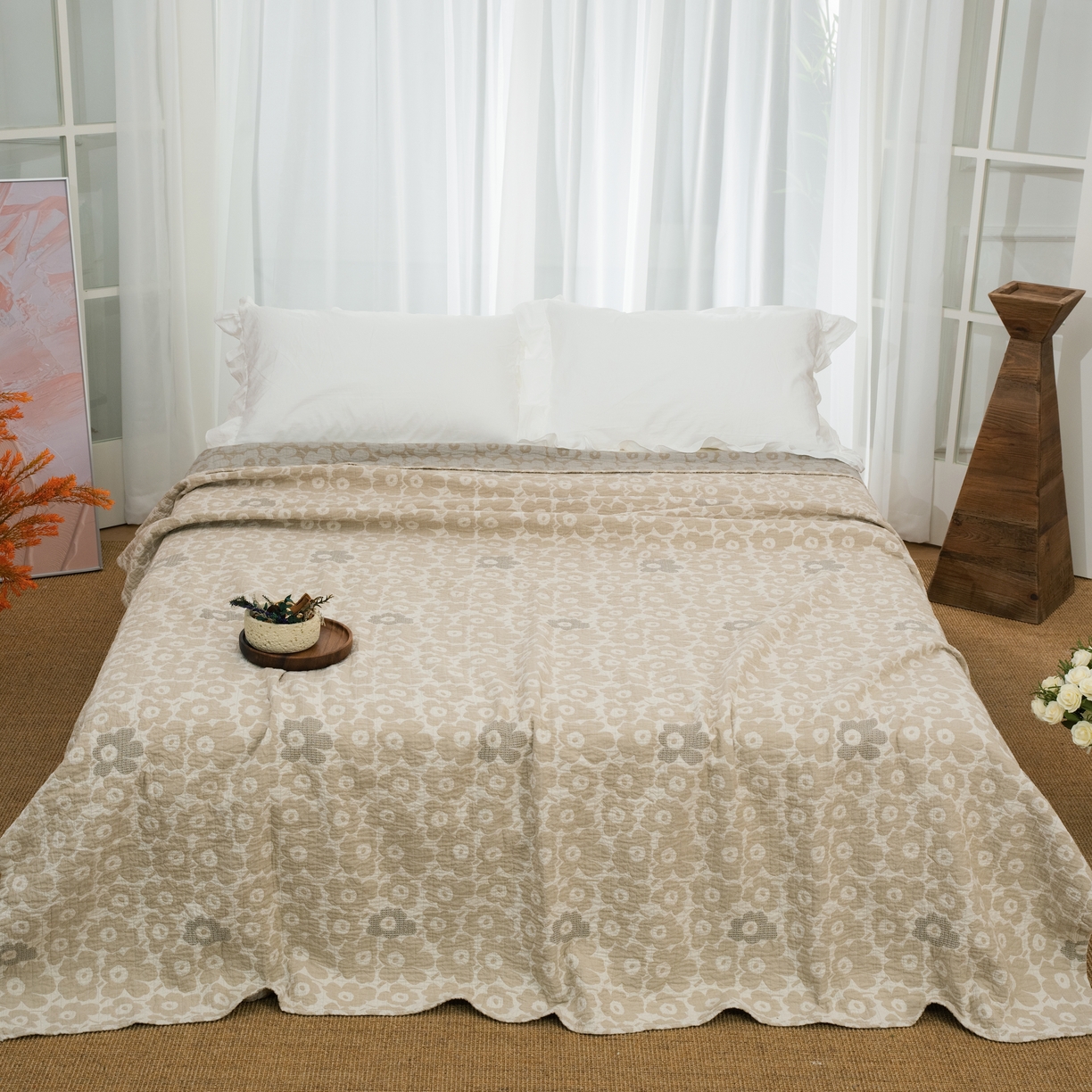 91家纺网 家纺一手货源 找家纺 （总）松色家居 2026新款全棉多层纱的全棉色织提花床盖