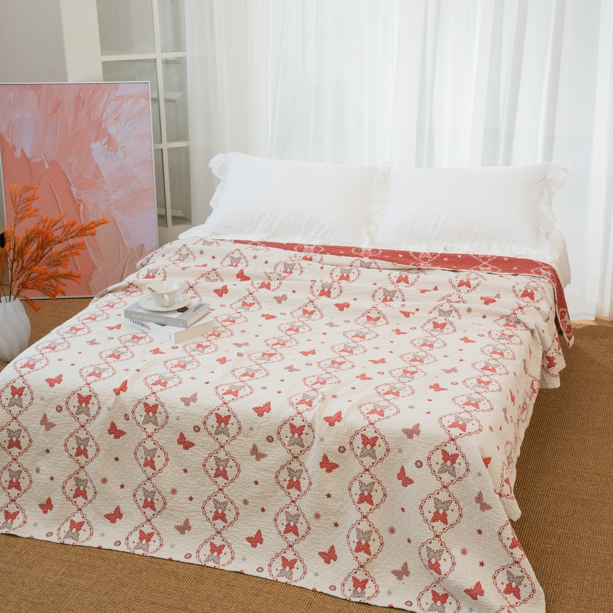 91家纺网 家纺一手货源 找家纺 松色家居 2026新款全棉多层纱的全棉色织提花床盖 菱纹蝶