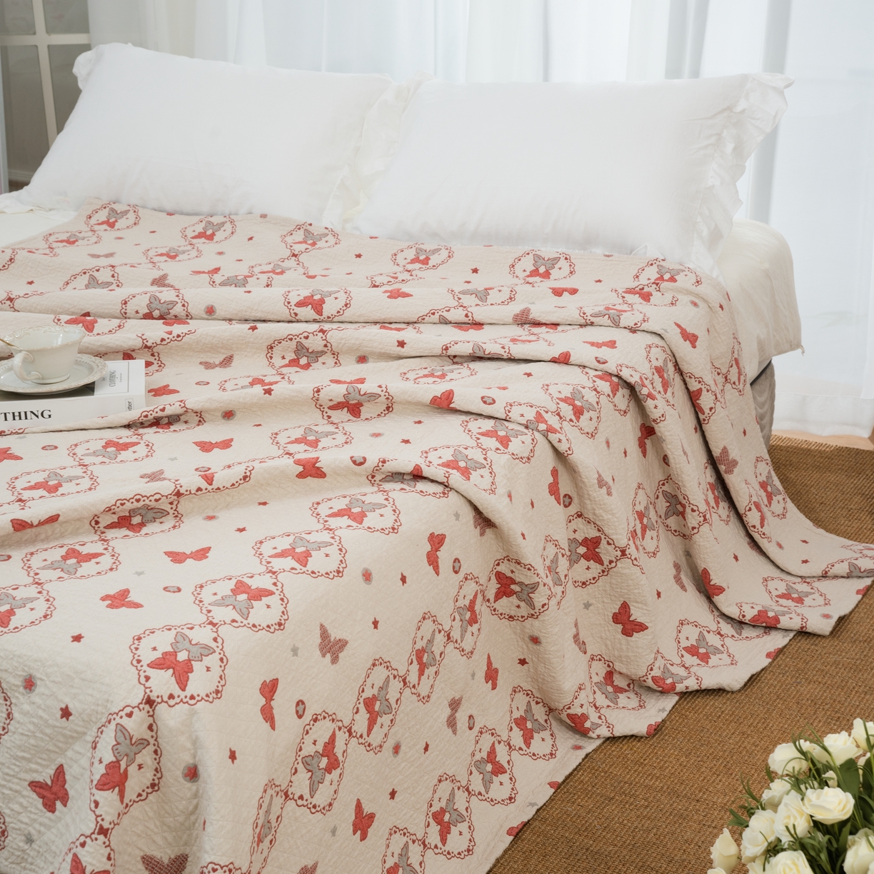 91家纺网 家纺一手货源 找家纺 松色家居 2026新款全棉多层纱的全棉色织提花床盖 菱纹蝶