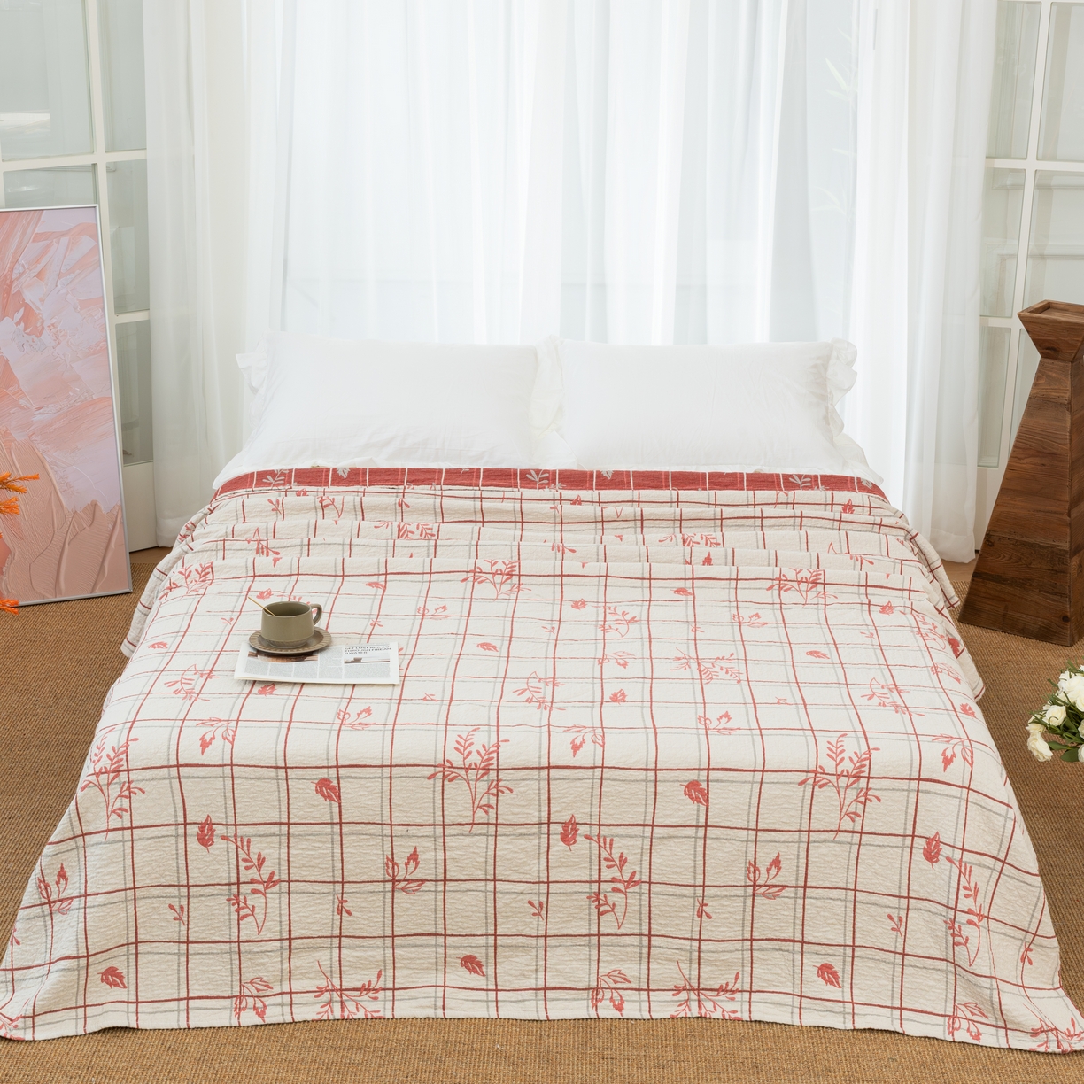 松色家居 2026新款全棉多层纱的全棉色织提花床盖 暖枝格韵