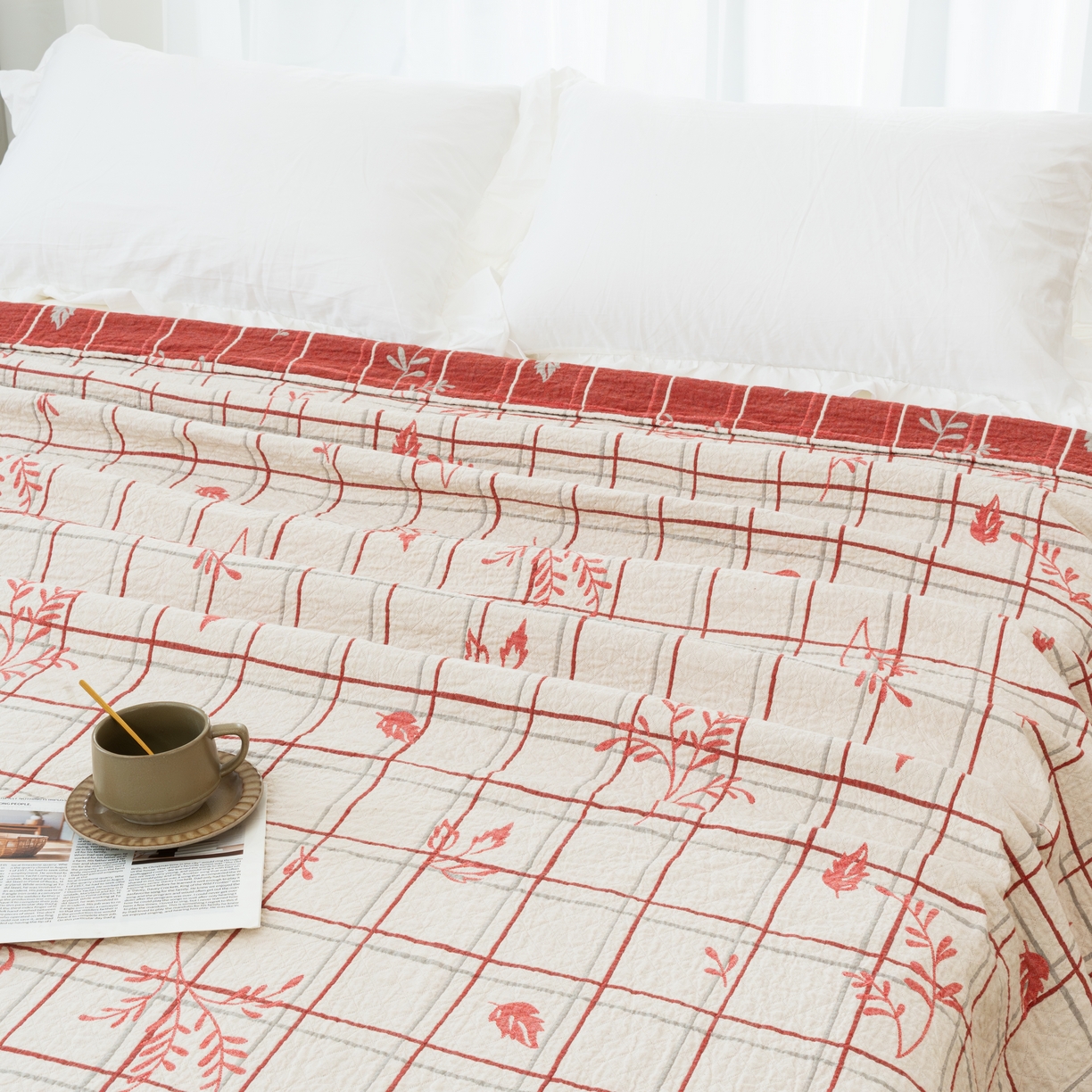 91家纺网 家纺一手货源 找家纺 松色家居 2026新款全棉多层纱的全棉色织提花床盖 暖枝格韵