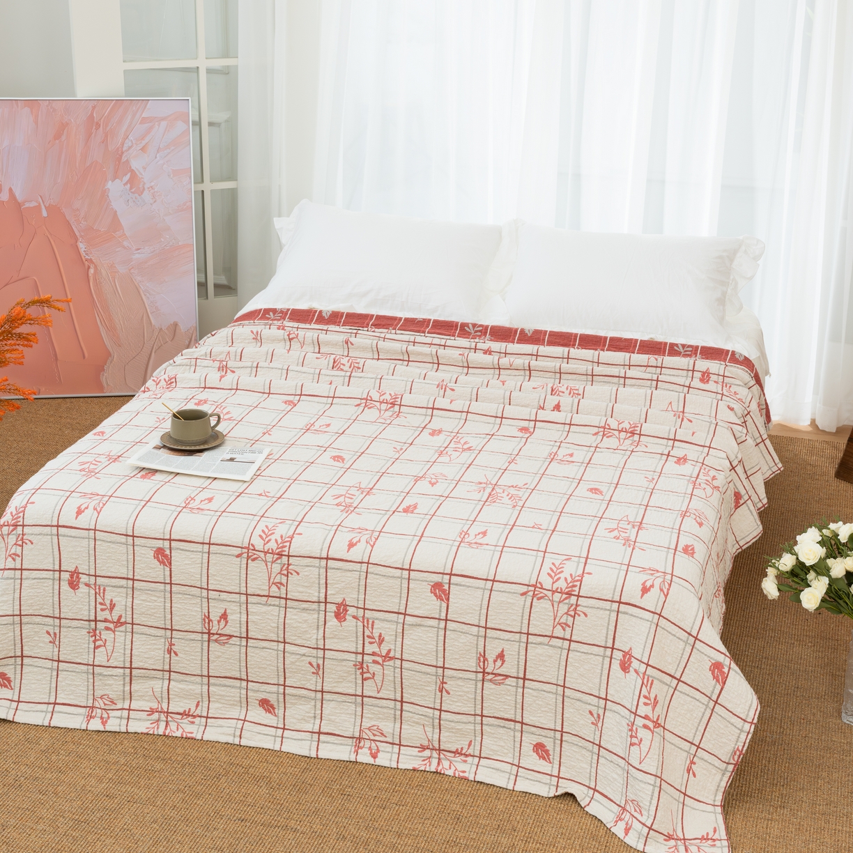 91家纺网 家纺一手货源 找家纺 松色家居 2026新款全棉多层纱的全棉色织提花床盖 暖枝格韵