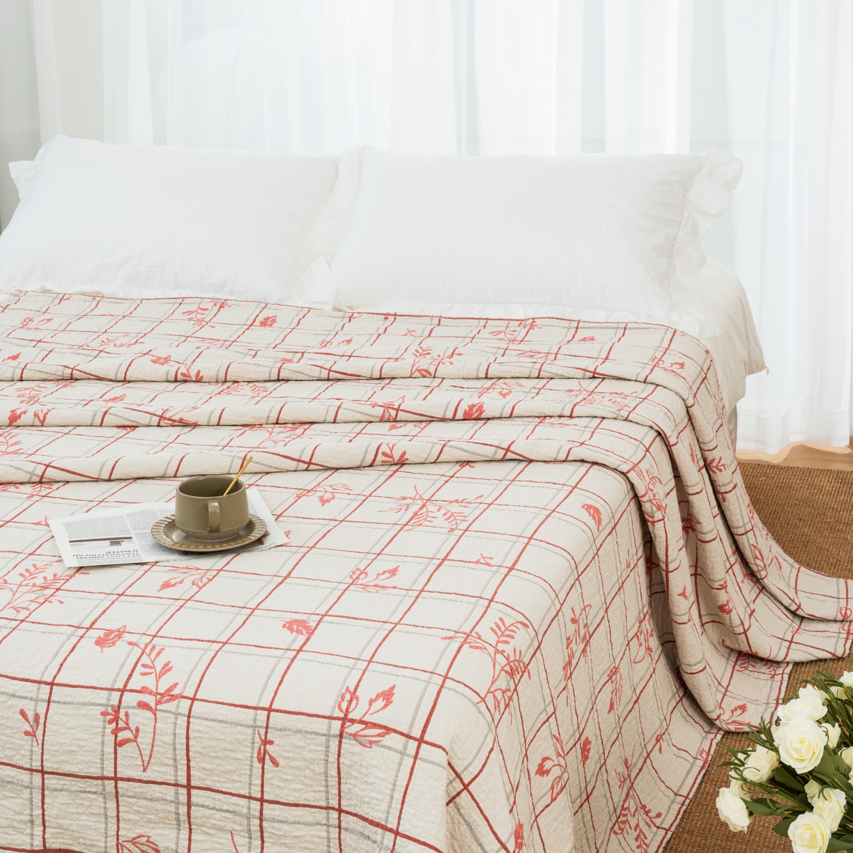 91家纺网 家纺一手货源 找家纺 松色家居 2026新款全棉多层纱的全棉色织提花床盖 暖枝格韵