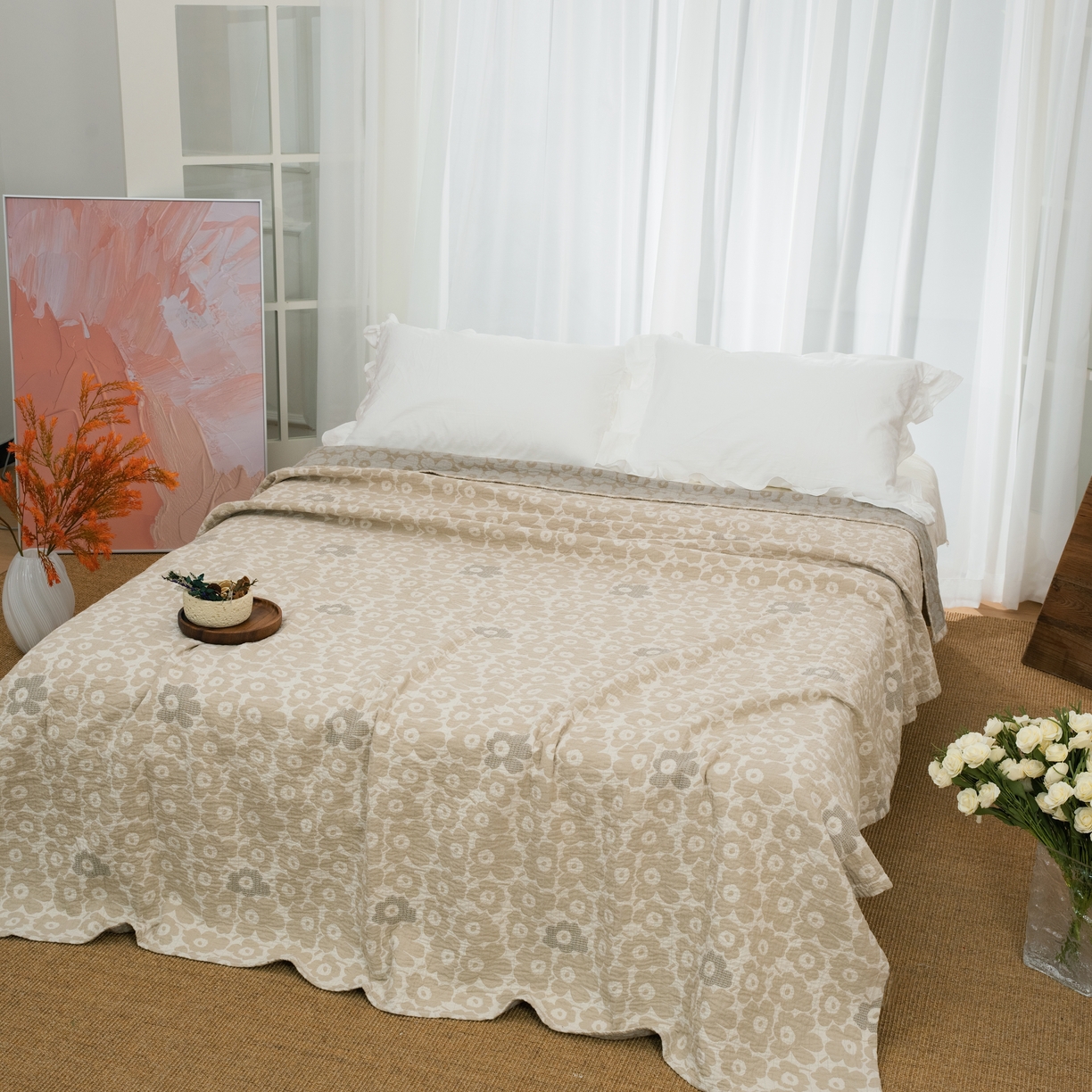 91家纺网 家纺一手货源 找家纺 松色家居 2026新款全棉多层纱的全棉色织提花床盖 浅杏繁花