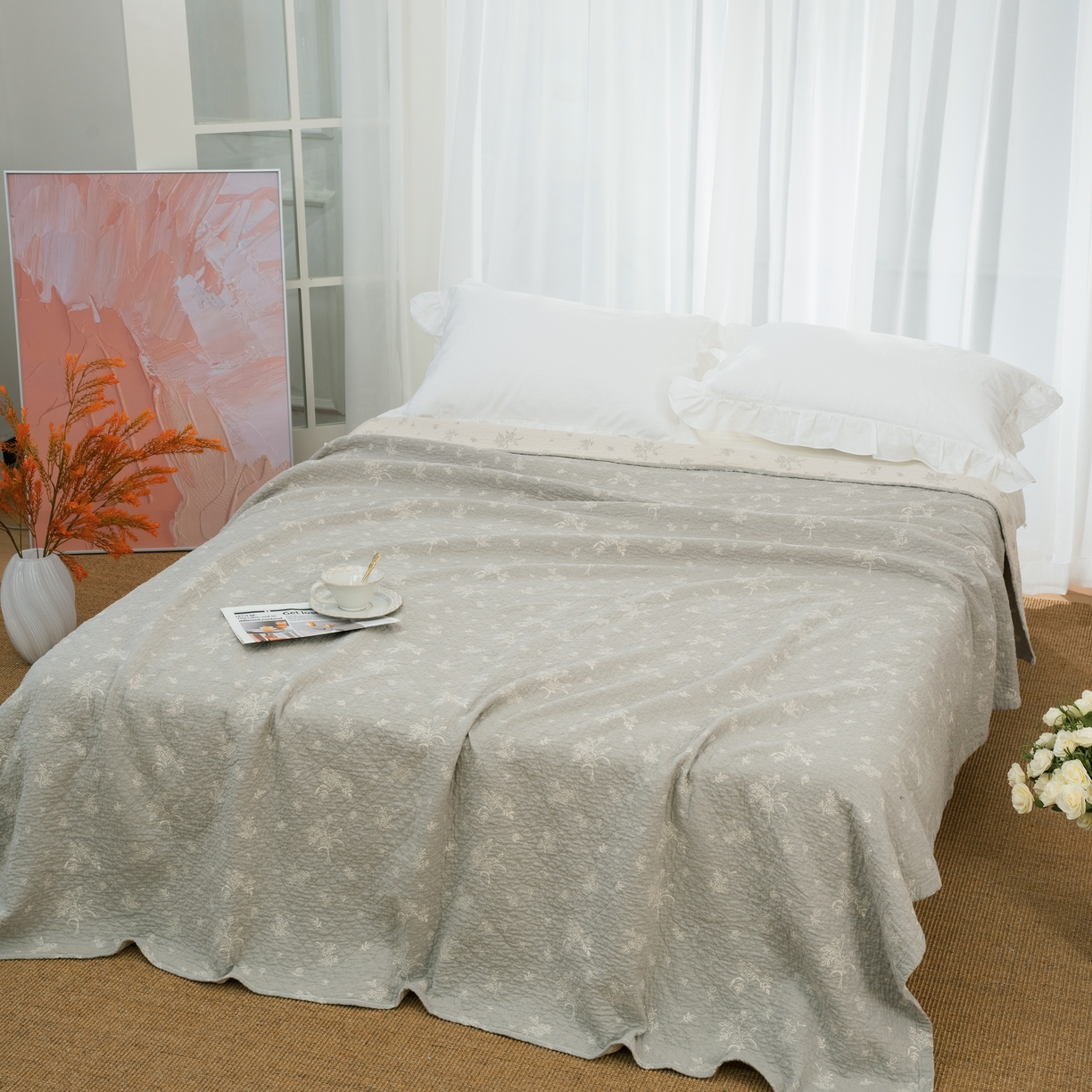 91家纺网 家纺一手货源 找家纺 松色家居 2026新款全棉多层纱的全棉色织提花床盖 清雾花影