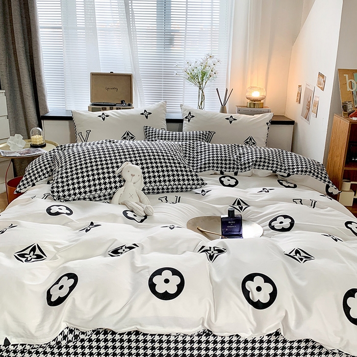 91家纺网 家纺一手货源 找家纺 朵希曼 2026新款全棉北欧黑白极简系列四件套 复古摩登