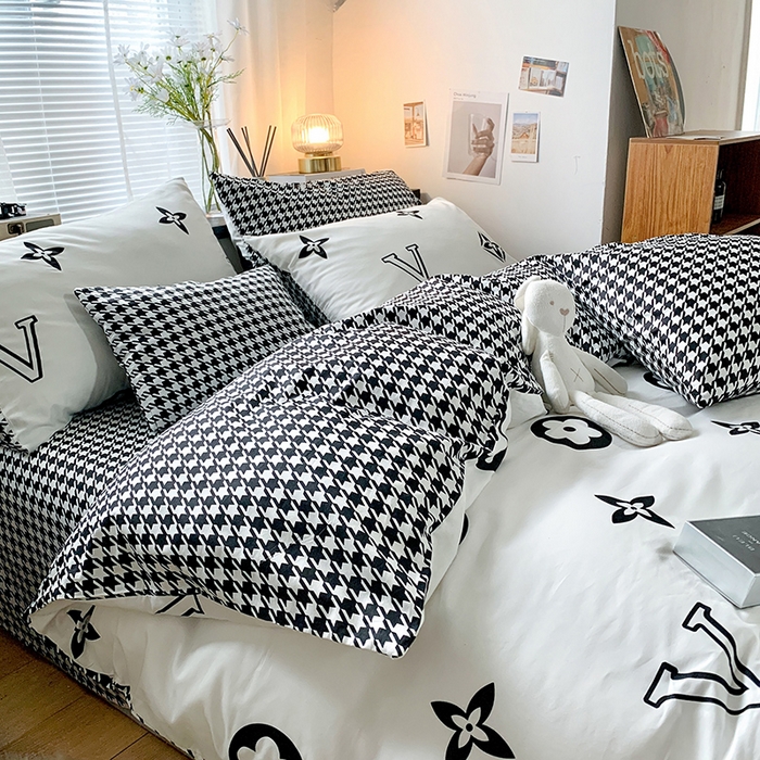 91家纺网 家纺一手货源 找家纺 朵希曼 2026新款全棉北欧黑白极简系列四件套 复古摩登