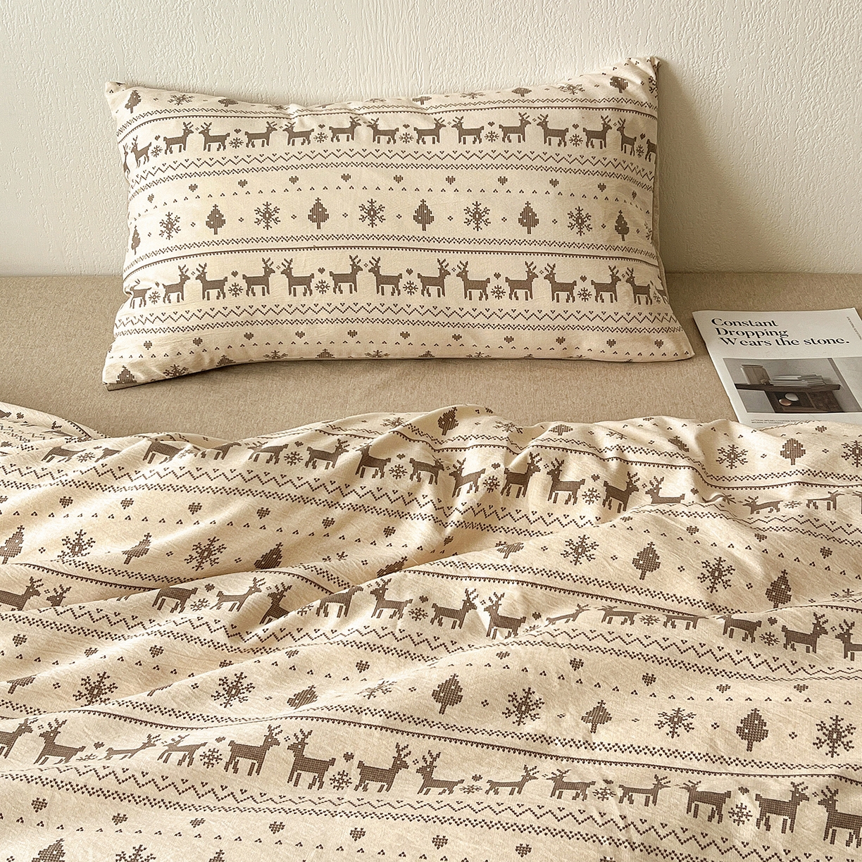 91家纺网 家纺一手货源 找家纺 仟网汇 2026新款高克重加厚色织提花系列四件套小布袋包装 北欧童话