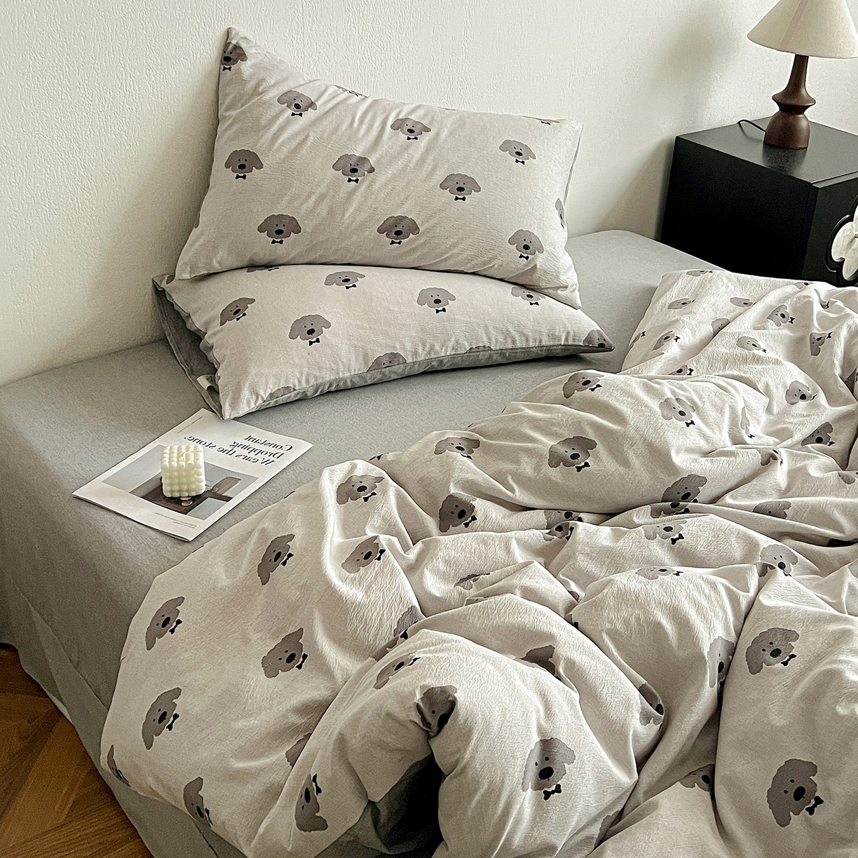 91家纺网 家纺一手货源 找家纺 仟网汇 2026新款高克重加厚色织提花系列四件套小布袋包装 萌萌狗