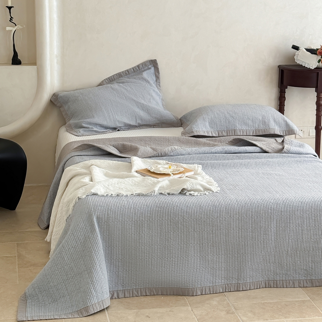 91家纺网 家纺一手货源 找家纺 （总）床盖工厂店 2026新款双面全棉水洗棉花糖床盖三件套-米通格系列