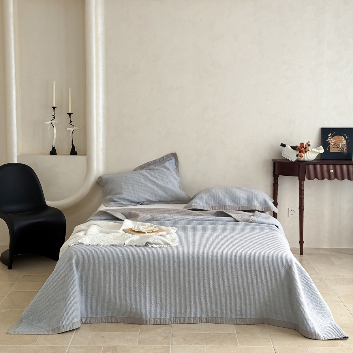 91家纺网 家纺一手货源 找家纺 床盖工厂店 2026新款双面全棉水洗棉花糖床盖三件套-米通格系列 米通格-灰色