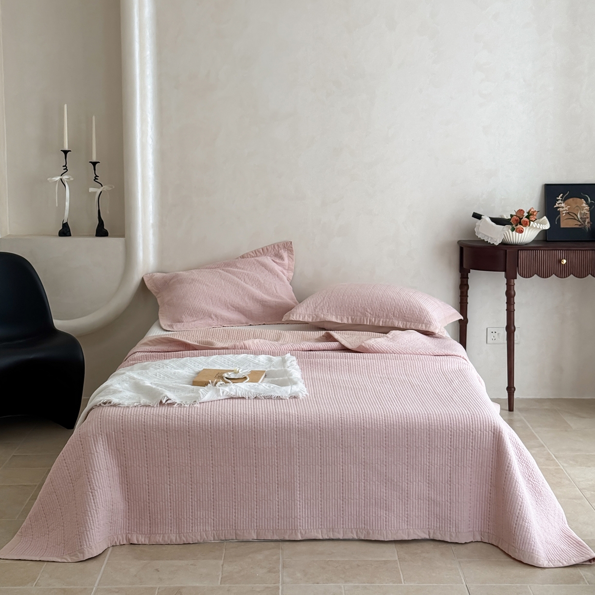 91家纺网 家纺一手货源 找家纺 床盖工厂店 2026新款双面全棉水洗棉花糖床盖三件套-米通格系列 米通格-玉色