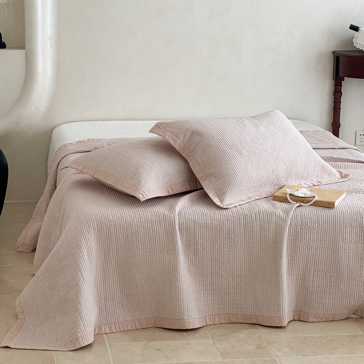 91家纺网 家纺一手货源 找家纺 床盖工厂店 2026新款双面全棉水洗棉花糖床盖三件套-米通格系列 米通格-咖色